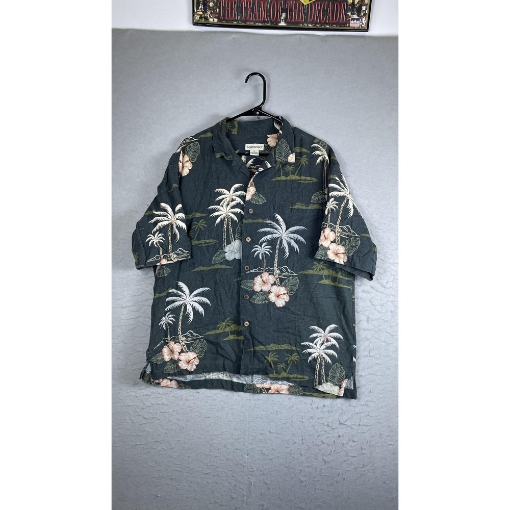 Portofino Shirt Mens XL Green Floral Hawaiian Short Sleeve Button Front Casual